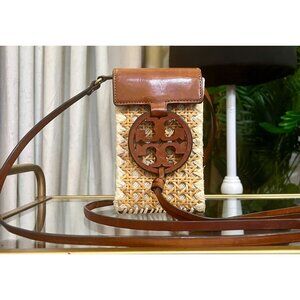 Tory Burch Woven Crossbody Bag With Leather Trim & Logo